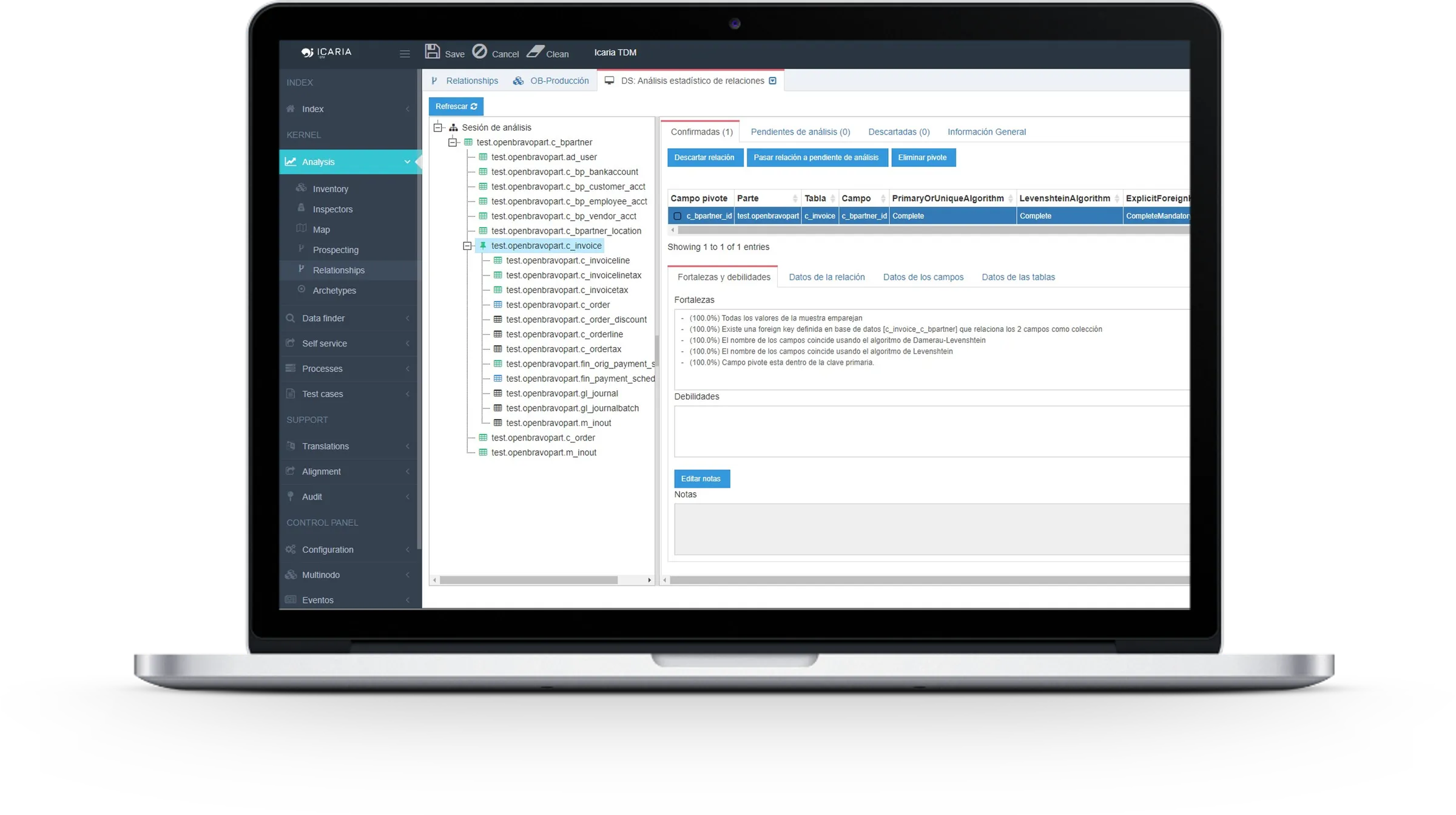 Análisis estático de la base de datos en icaria TDM