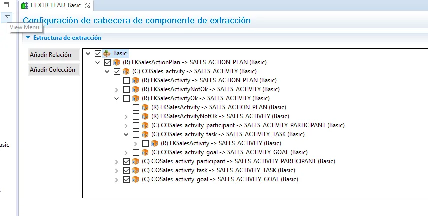 Árbol de configuración de cabecera de extracción de icaria TDM, con relaciones y colecciones desplegadas