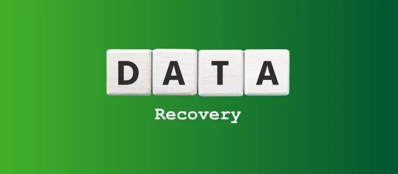 Wooden tiles spelling DATA above the word Recovery on a green gradient background
