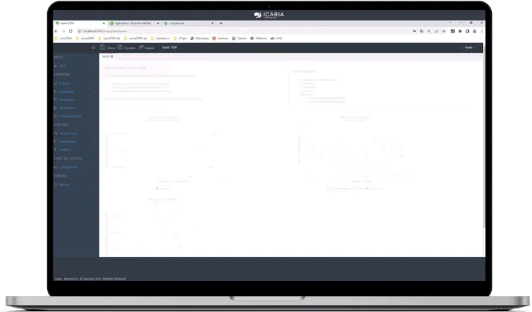 Laptop displaying the icaria TDM home dashboard with its charts and operations menu