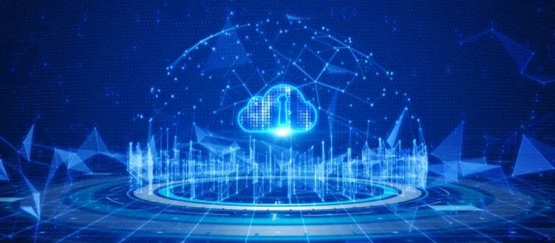 Glowing cloud icon with a keyhole over a digital city grid, representing data obfuscation