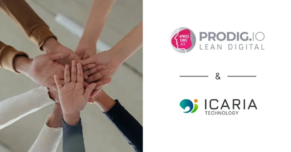 Manos unidas en equipo junto a los logotipos de Prodig.io Lean Digital e icaria Technology