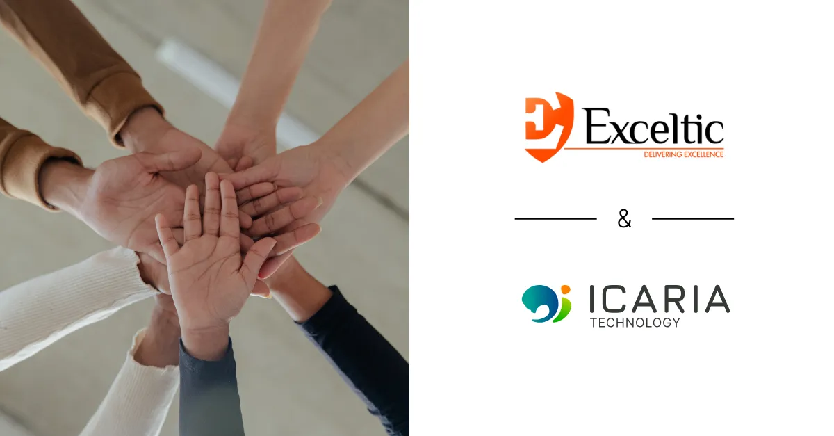 Manos unidas en equipo junto a los logotipos de Exceltic e icaria Technology