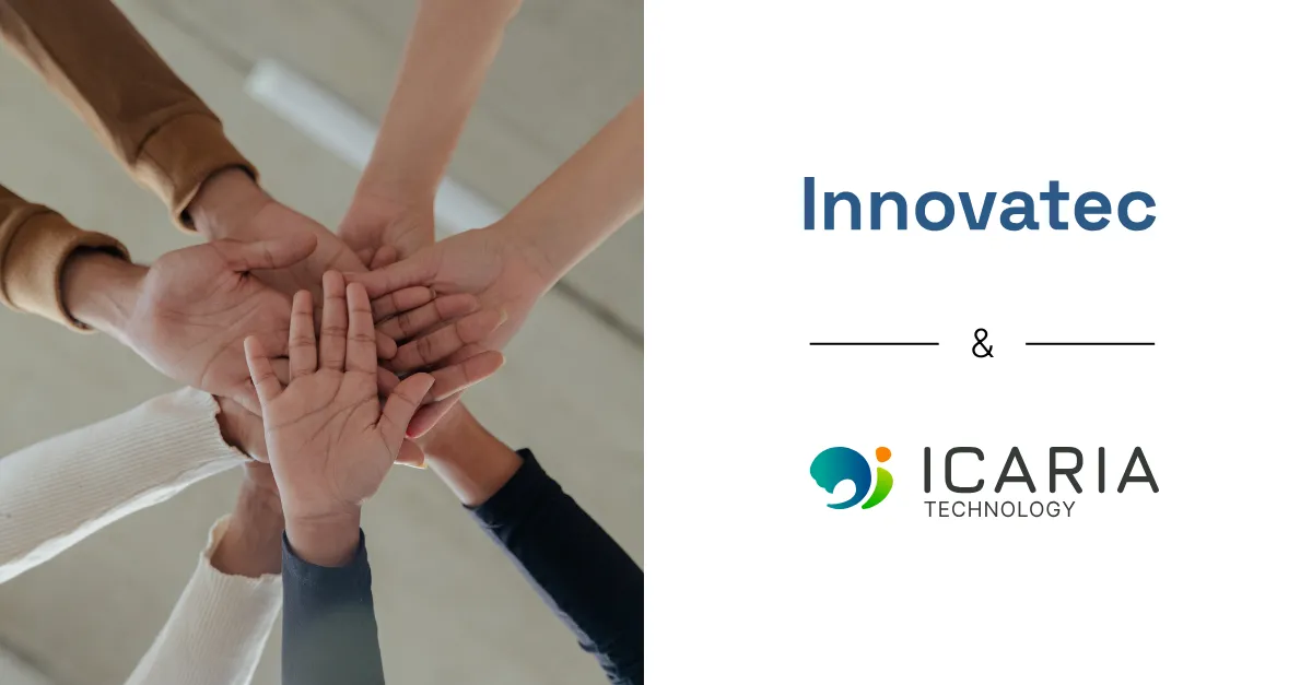 Joined hands in a team huddle next to the Innovatec and icaria Technology logos