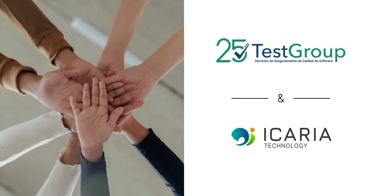 Manos unidas en equipo junto a los logotipos de TestGroup (25 aniversario) e icaria Technology