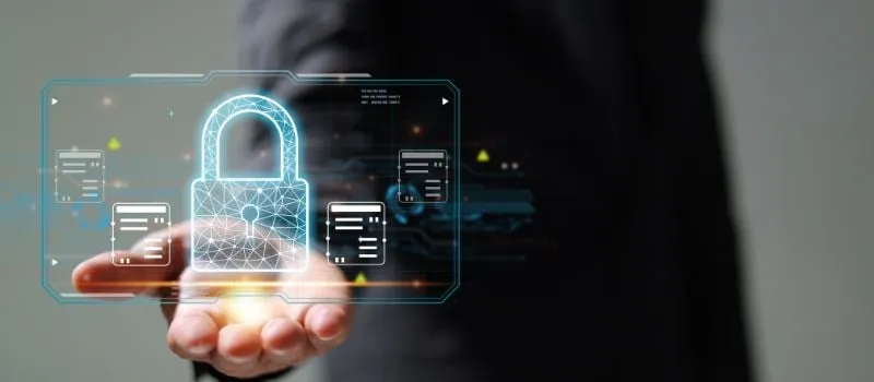 Open hand displaying a holographic padlock and document icons representing GDPR-compliant software