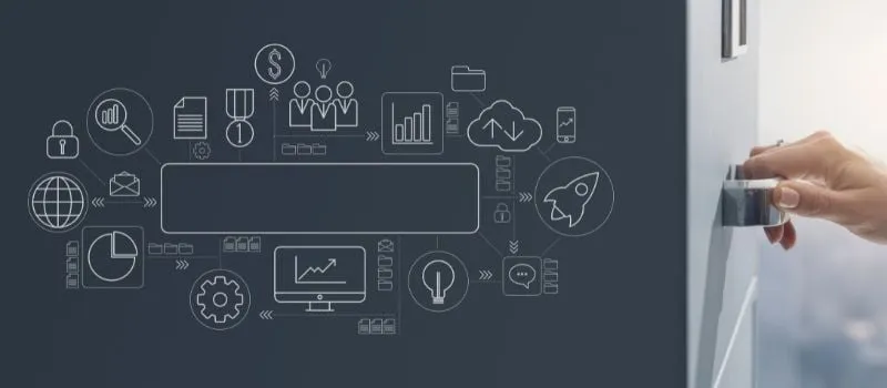 Data governance icon set (reports, cloud, security, analytics) over a dark background, with a hand about to press a switch