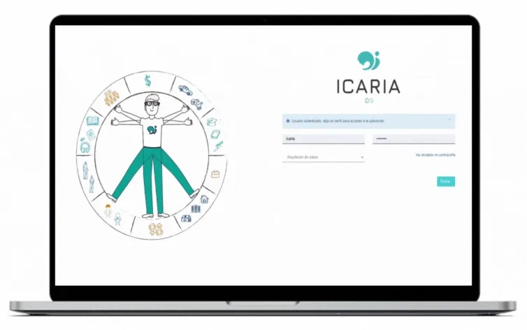 Laptop showing the icaria DG login screen next to a Vitruvian-man icon representing the data domains it governs